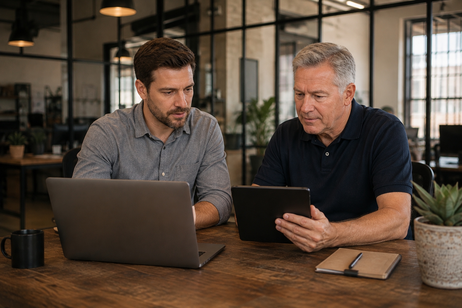 A developer and business owner comparing records on a laptop and tablet at a wooden desk