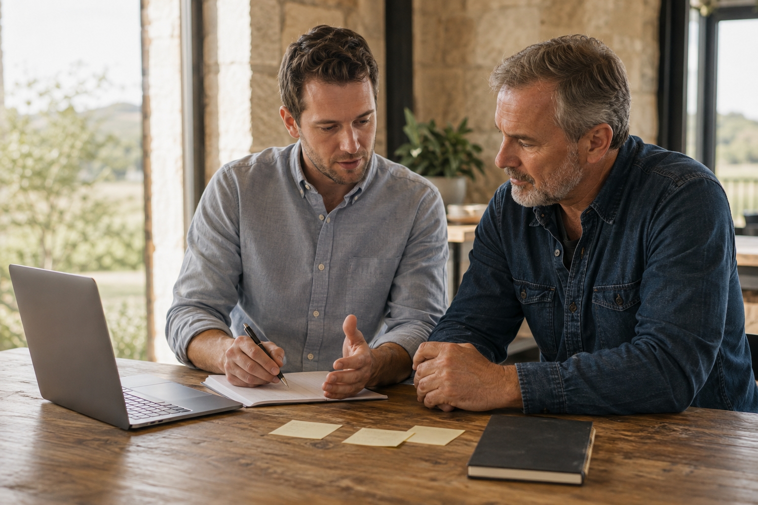 A consultant and contractor discussing workflow notes at a sunlit wooden table