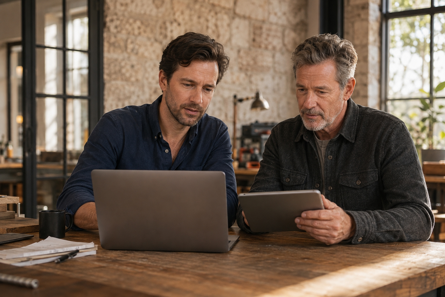 Two business owners reviewing a laptop and tablet in a limestone-and-wood office