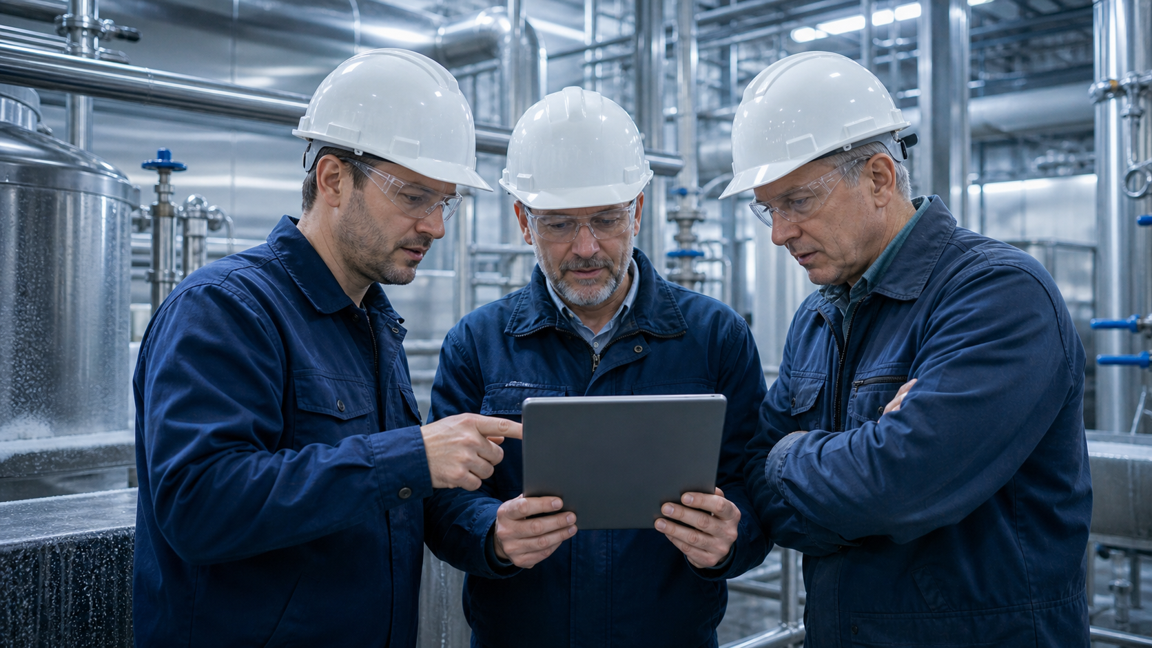 Factory workers reviewing custom operations software on a tablet