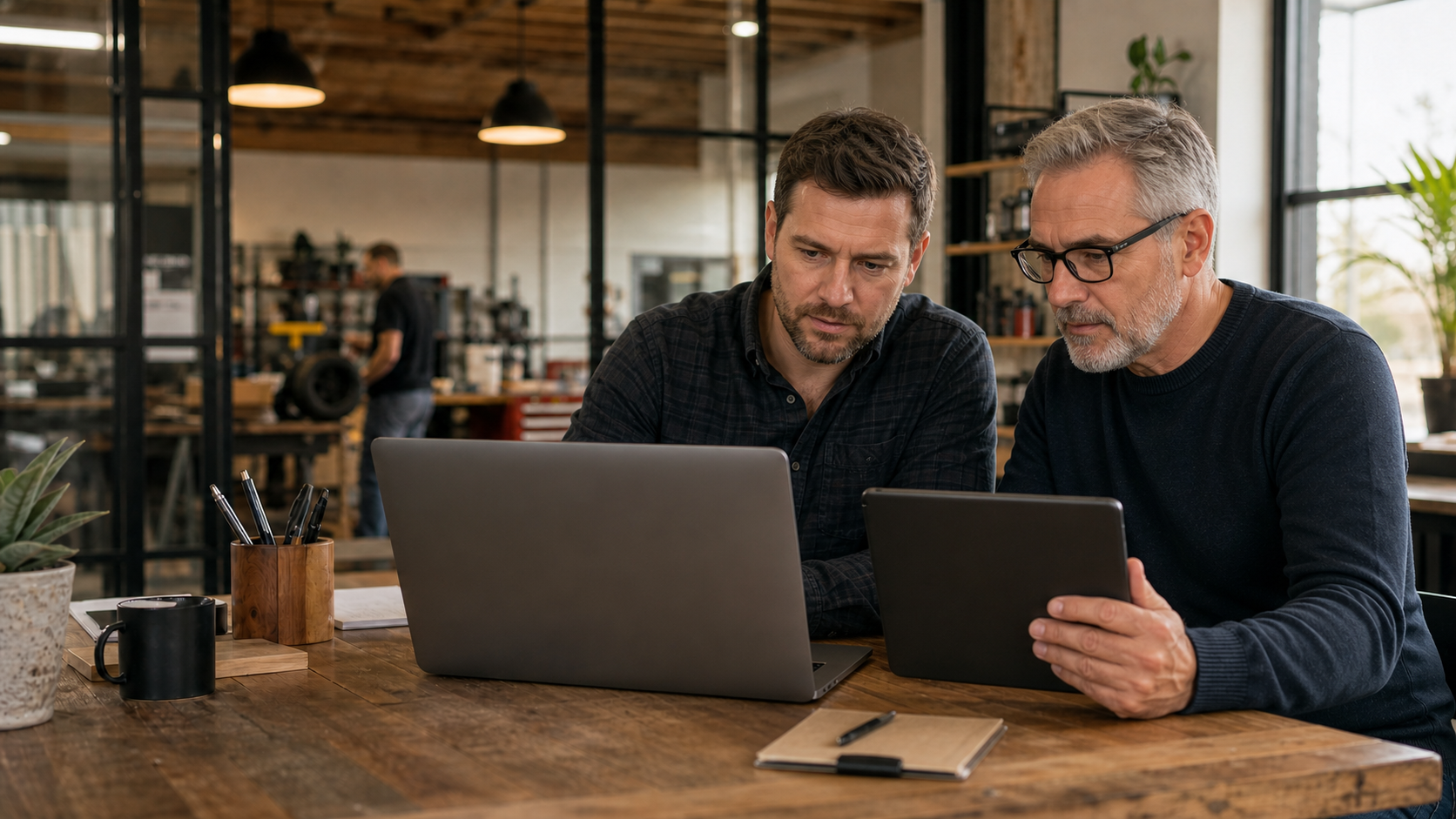 Business operators using a connected web system on a laptop and tablet